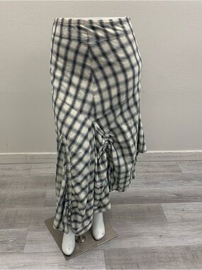 MIA JOY Asymmetrical Plaid Maxi Skirt in Cream and Navy Blue